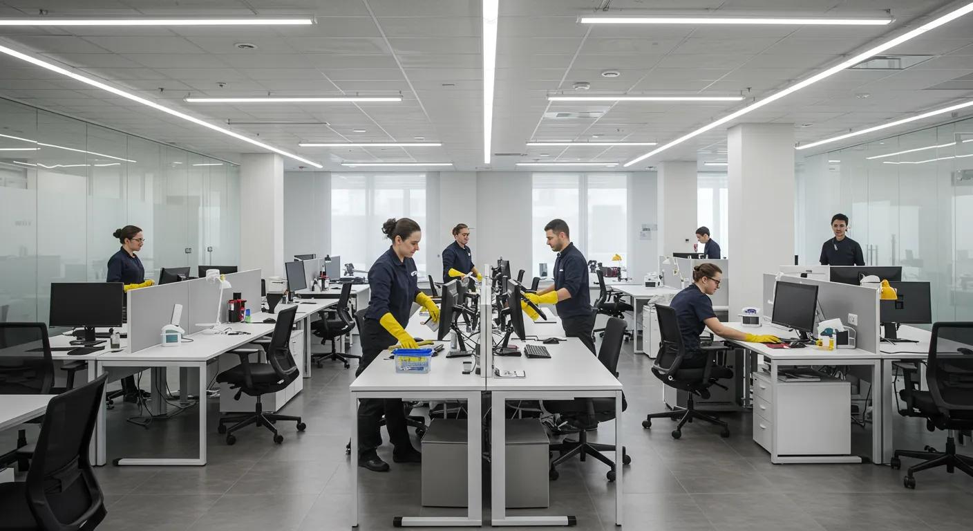 a sleek, modern office space with an open-plan layout showcases professional cleaning staff meticulously maintaining sparkling surfaces and organized workstations, highlighting the importance of specialized cleaning solutions in contemporary work environments.