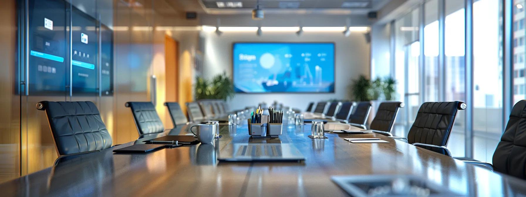 a modern office environment showcases a professional meeting between a commercial cleaning service provider and a client, with a sleek conference table, digital screens displaying customer feedback, and engaged expressions reflecting strong communication and effective customer relationship management.
