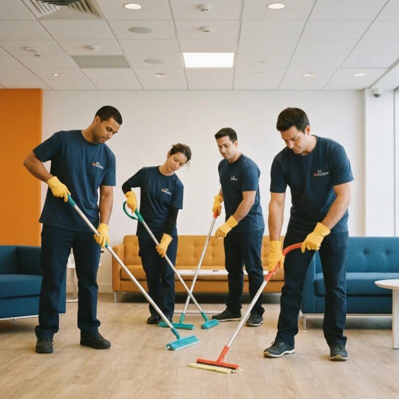 Professional cleaning team using eco-friendly products in a modern office